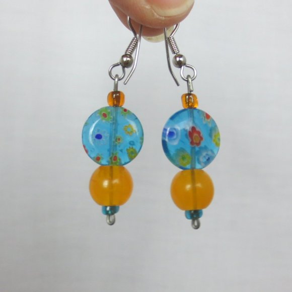 New Blue & Orange Hand Crafted Dangle Earrings - Picture 1 of 6
